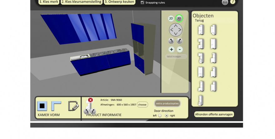 3D keukenplanner Onderdelen :- Flash applicatie- 3D modellen- Direct offerte module- 2D naar 3D switch- CMS/Redign module- etc..